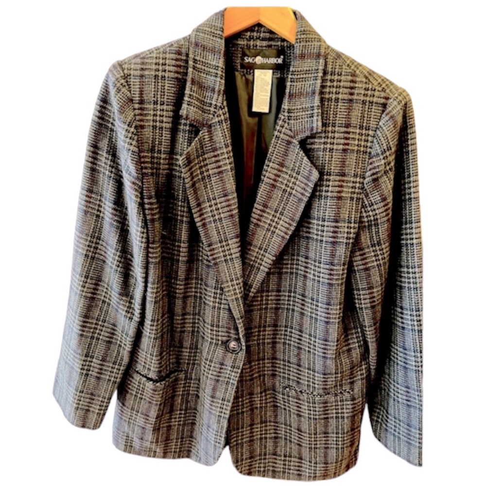 Vintage Charcoal Gray Plaid Fully Lined Sag Harbor Wool Blend Blazer. Size = 12 - Picture 1 of 12